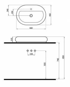 Nadgradni lavabo DOMINO 5019BT - dimenzije  » Kliknite za uvecanje ->