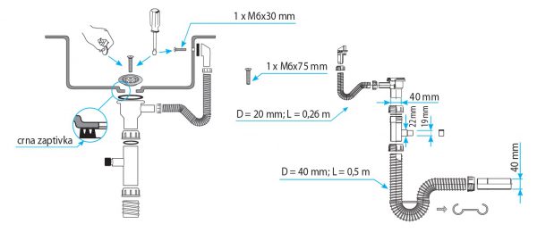 V&G FLEKSIBILNI SIFON ZA SUDOPERU 1/1 sa prelivom i priključkom S00032