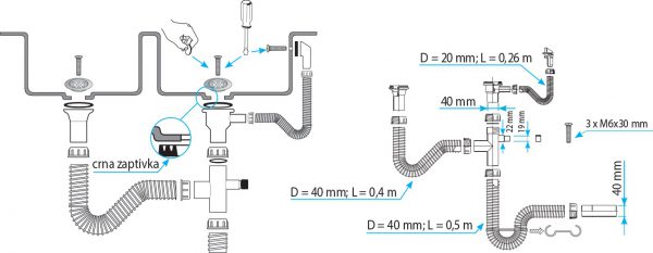 V&G FLEKSIBILNI SIFON ZA SUDOPERU 2/1 sa prelivom S03007